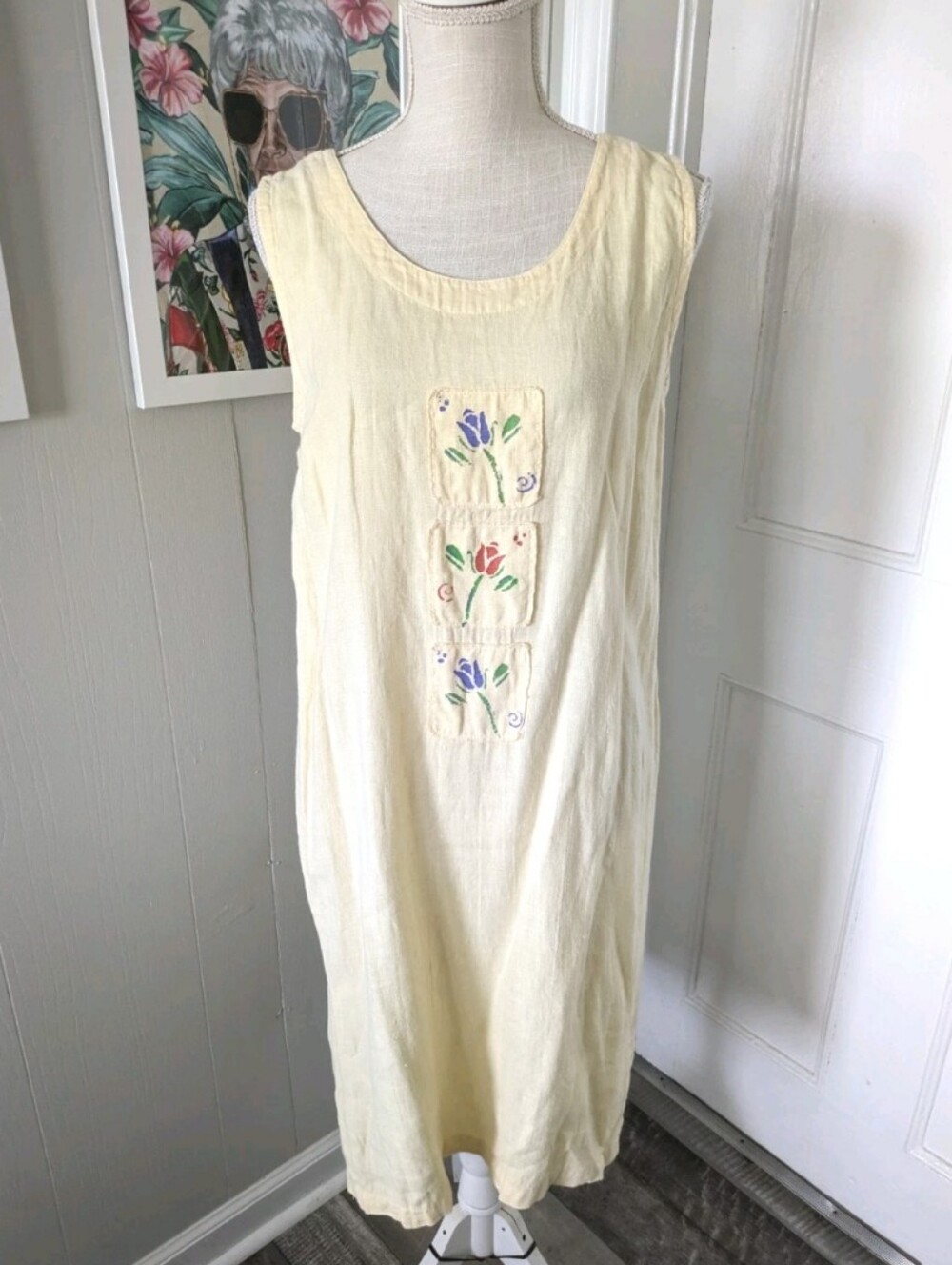 C C Collection Dress Womens M Yellow Midi Sleeveless Linen Floral VTG USA